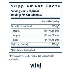 Label showing pancreatin enzymes and ox bile extract details