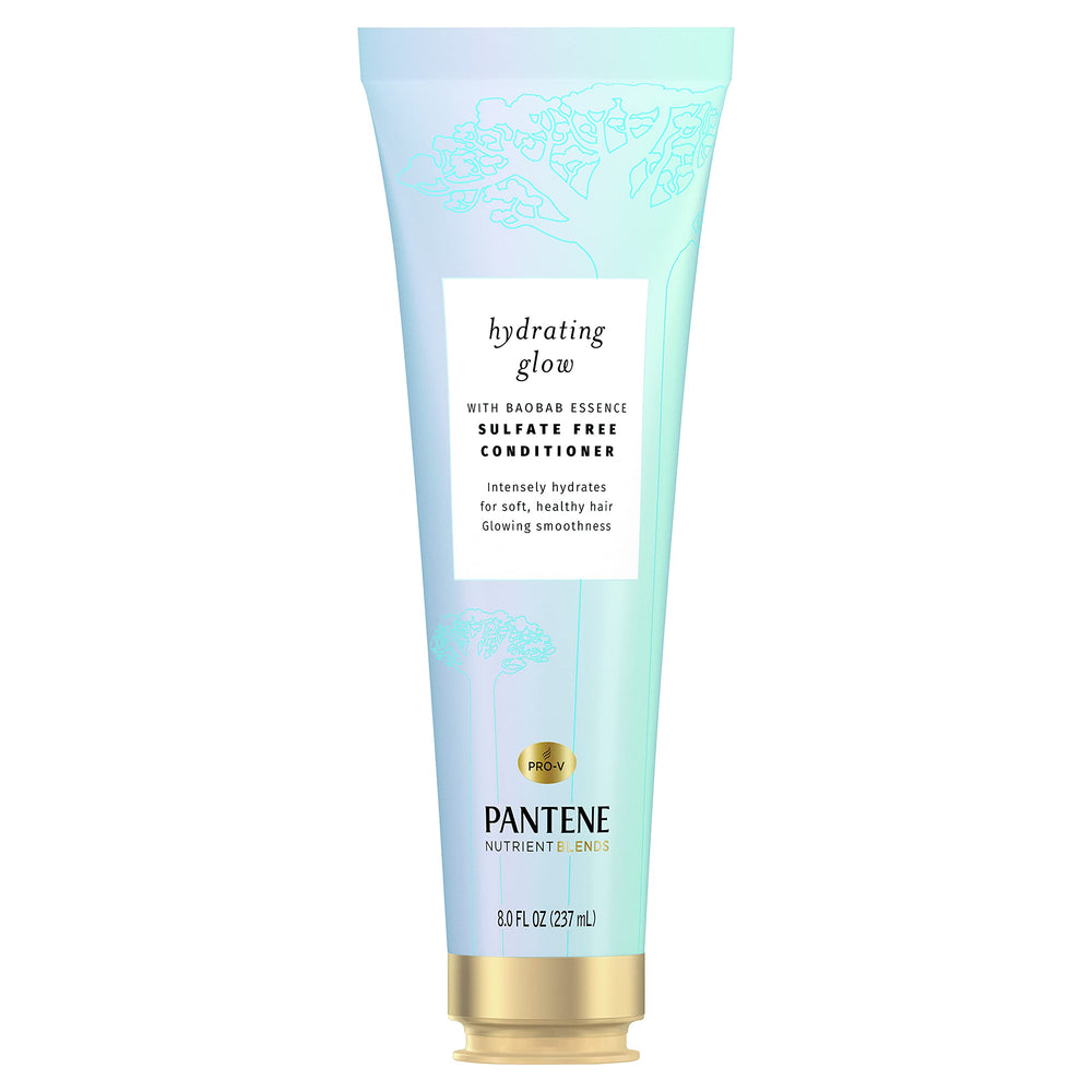 Pantene Hydrating Glow conditioner bottle delivering hydrated, healthy-looking hair.
