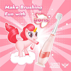 Doris toddler toothbrush side view highlighting unicorn head cover