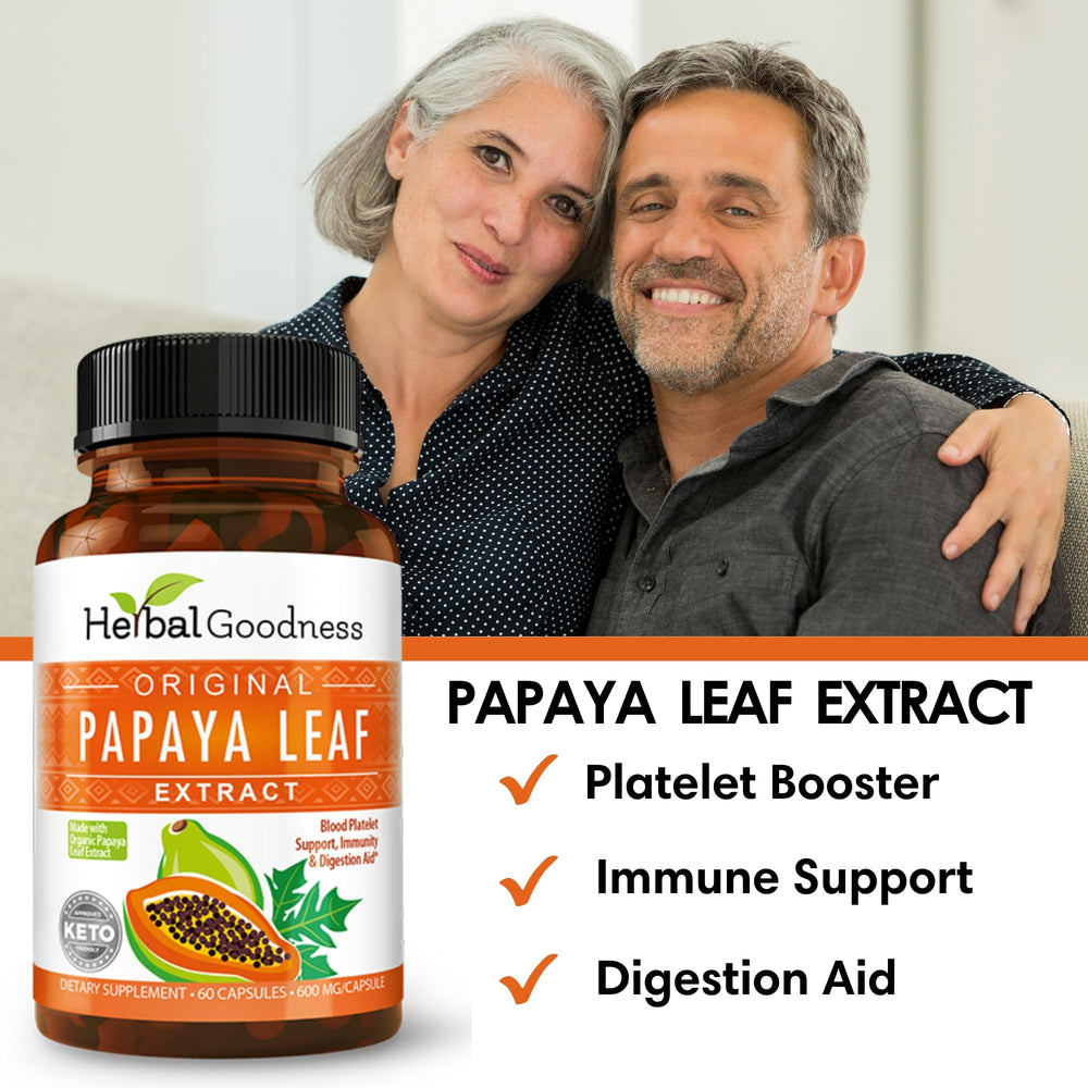 Close-up of Herbal Goodness Papaya Leaf Extract capsules showing 60-600mg dosage