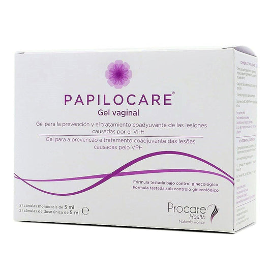 Papilocare vaginal gel packaging showing 21 sachets (5 ml each)