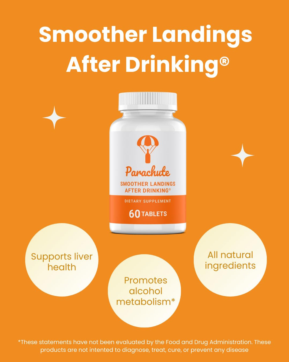 Parachute bottle closeup shows compact, easy-to-swallow tablets for responsible drinking.