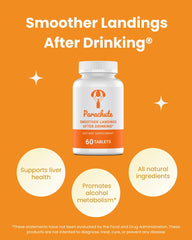 Parachute bottle closeup shows compact, easy-to-swallow tablets for responsible drinking.