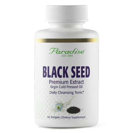Paradise Black Seed Oil softgels bottle with Nigella Sativa imagery