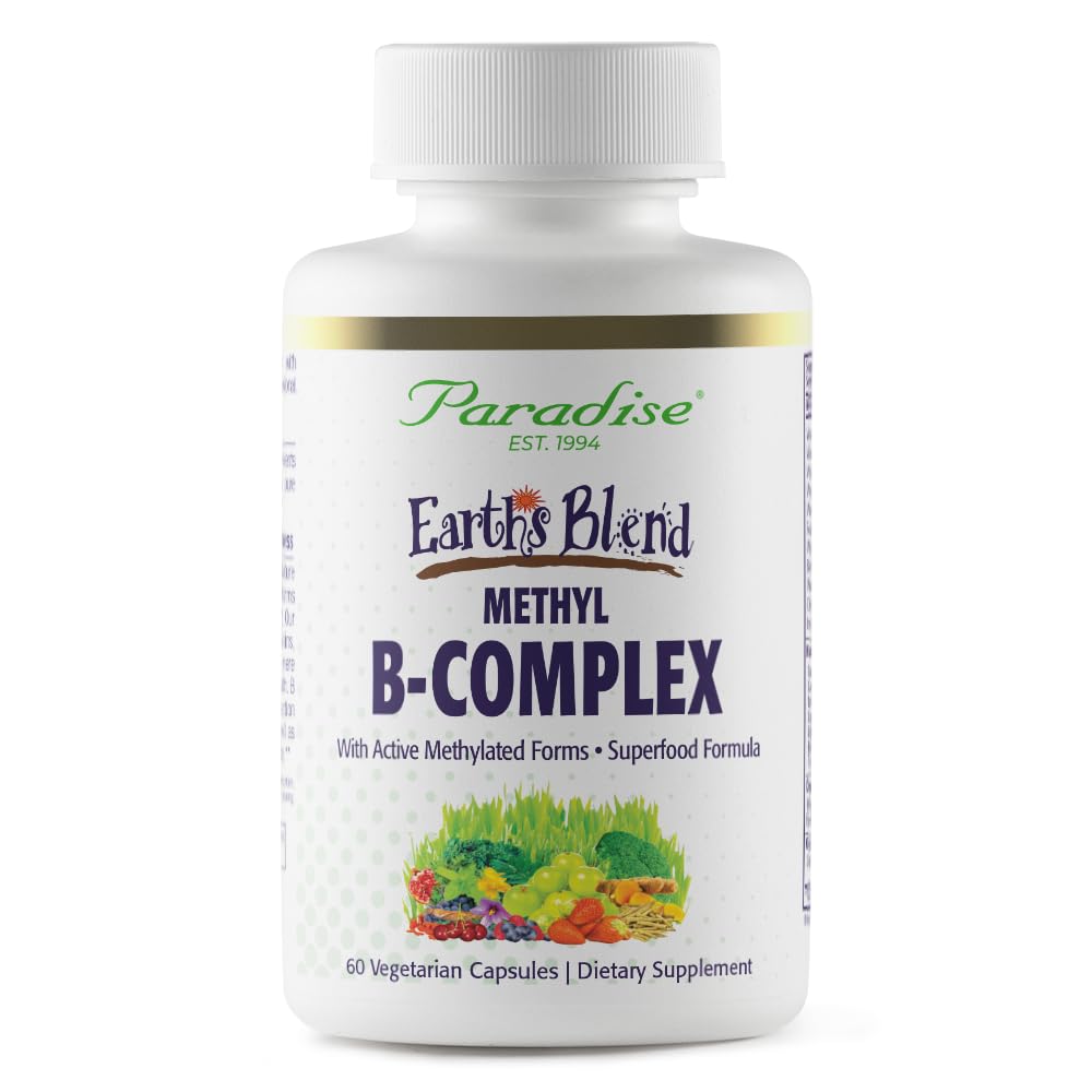 Paradise Herbs Earth's Blend B-Complex bottle on a clean surface