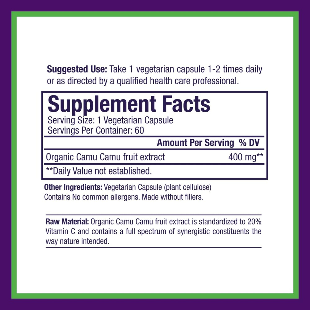 Packaging label for Paradise Herbs Camu Camu extract
