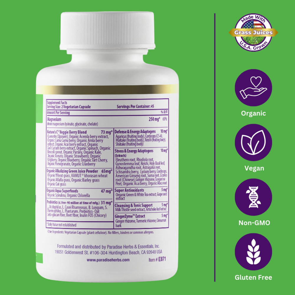 Label highlights vegan, non-GMO, and gluten-free attributes