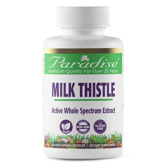 Paradise Herbs Milk Thistle bottle front with active whole spectrum extract