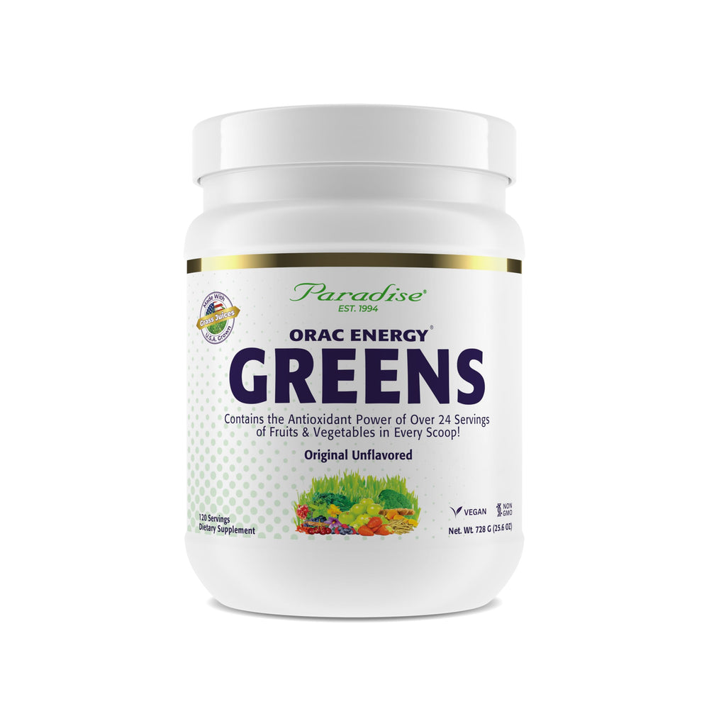Paradise Herbs ORAC Energy Greens Powder container with scoop