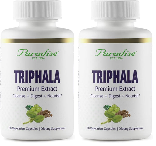 Paradise Herbs Organic Triphala Extract bottle with 60 vegetarian capsules (2-pack).