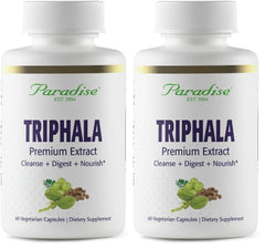 Paradise Herbs Organic Triphala Extract bottle with 60 vegetarian capsules (2-pack).