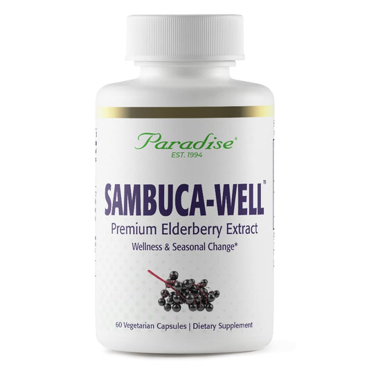 Paradise Herbs Sambuca-Well elderberry 50:1 extract bottle and 60 vegan capsules