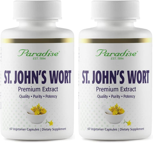 Paradise Herbs St. John's Wort Extract 2-Pack bottle and capsules