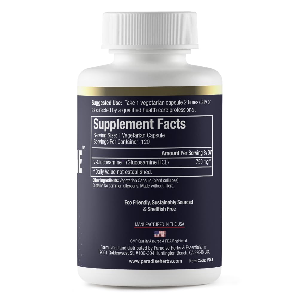 Close-up of V-Glucosamine supplement ingredients and capsules