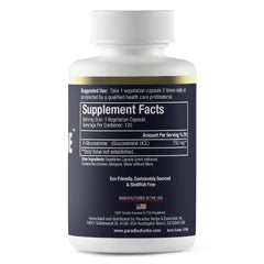 Close-up of V-Glucosamine supplement ingredients and capsules