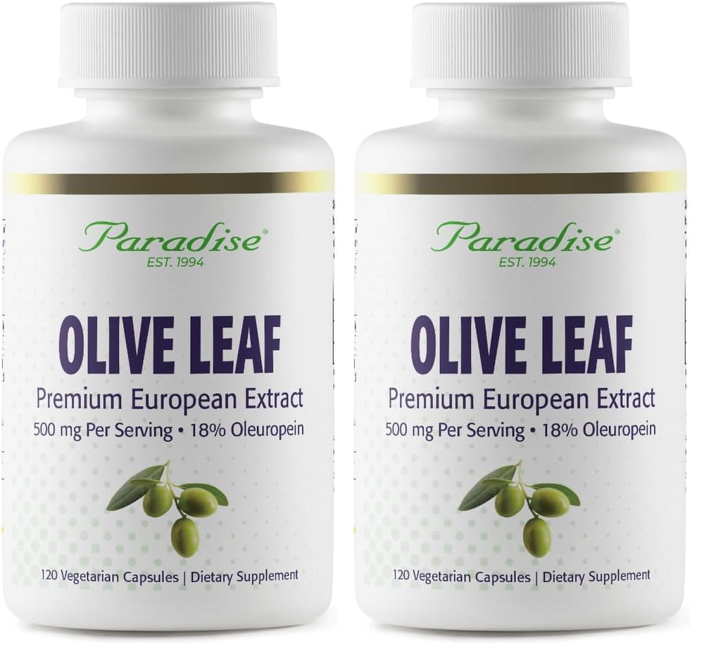 Paradise Olive Leaf Extract bottle and packaging on a wooden surface