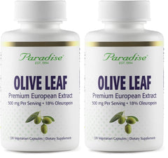 Paradise Olive Leaf Extract bottle and packaging on a wooden surface