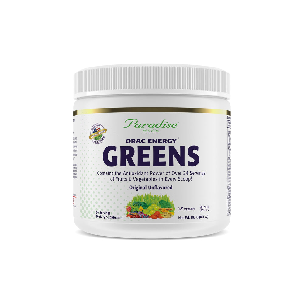Paradise ORAC Energy Greens powder bottle with measuring scoop