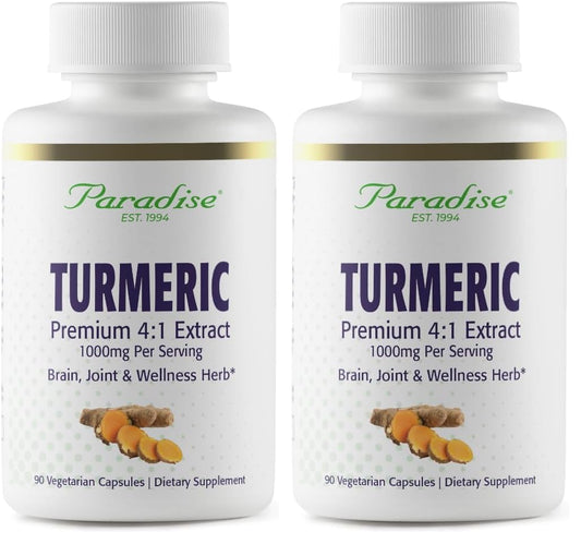 Paradise Organic Turmeric Rhizome 4:1 Extract bottle with 90 vegetarian capsules (pack of 2)