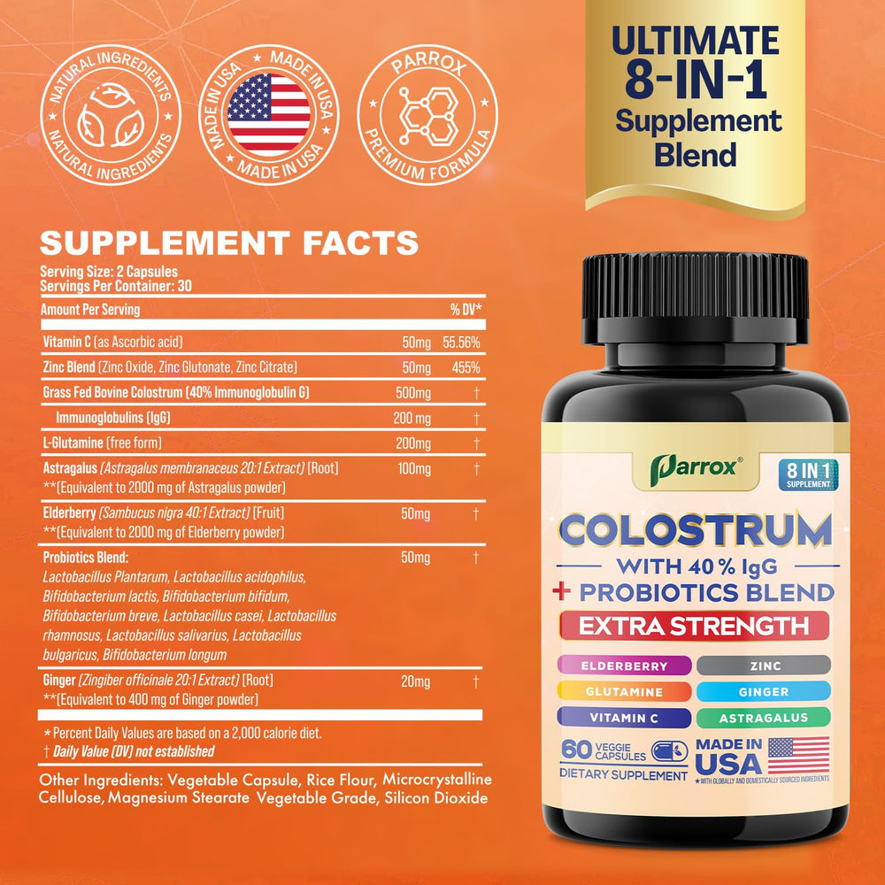 Parrox Colostrum Capsule bottle with grass-fed source label