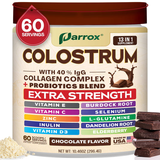 Front view of Parrox Colostrum Powder container in Chocolate flavor