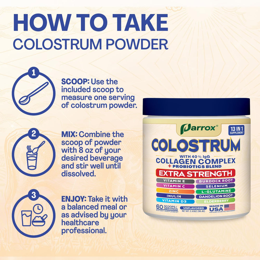 60+ servings per container of unflavored Parrox Colostrum Powder