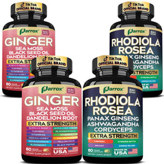 Parrox Dynamic Duo ginger and Rhodiola bottles close-up