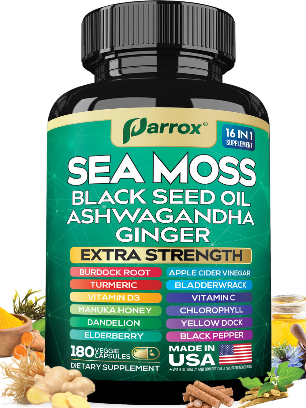 Parrox Sea Moss 16-in-1 capsules bottle with 180 capsules