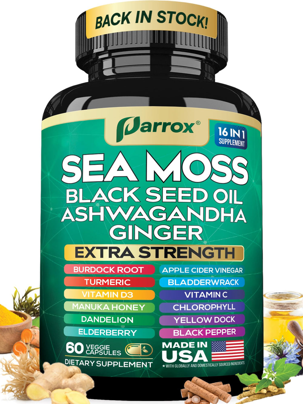 Parrox Sea Moss 16-in-1 capsules bottle (60 capsules)
