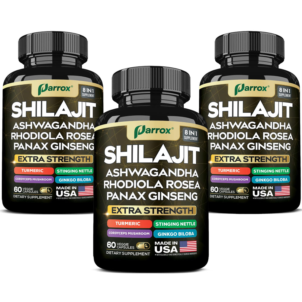 Parrox Shilajit 8-in-1 supplement bottle with 180 capsules