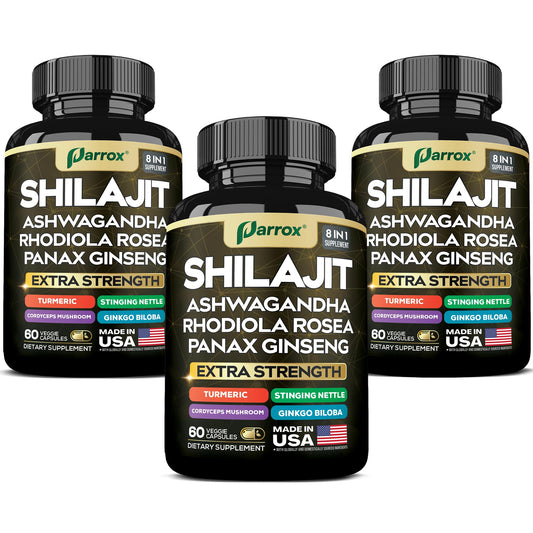 Parrox Shilajit 8-in-1 supplement bottle with 180 capsules