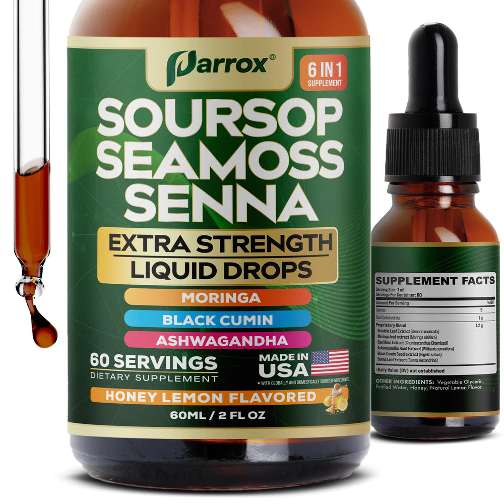 Parrox Soursop Seamoss Senna Liquid Drops bottle with Honey Lemon flavor