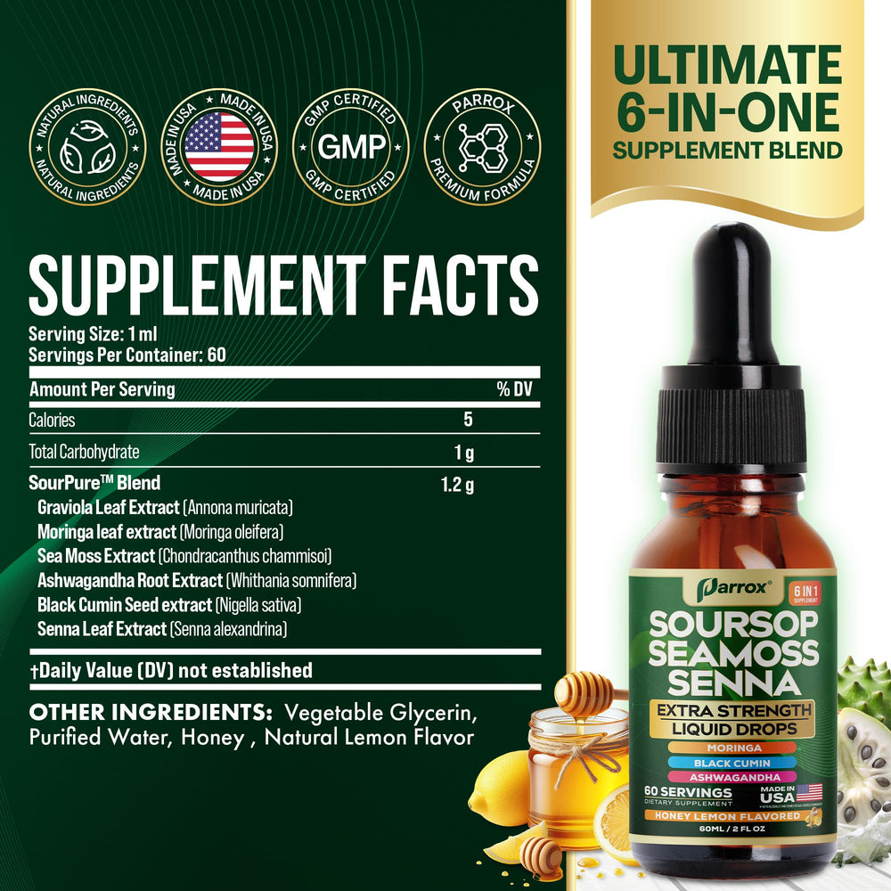 1 ml dropper dispensing Parrox Soursop Seamoss Senna Liquid Drops