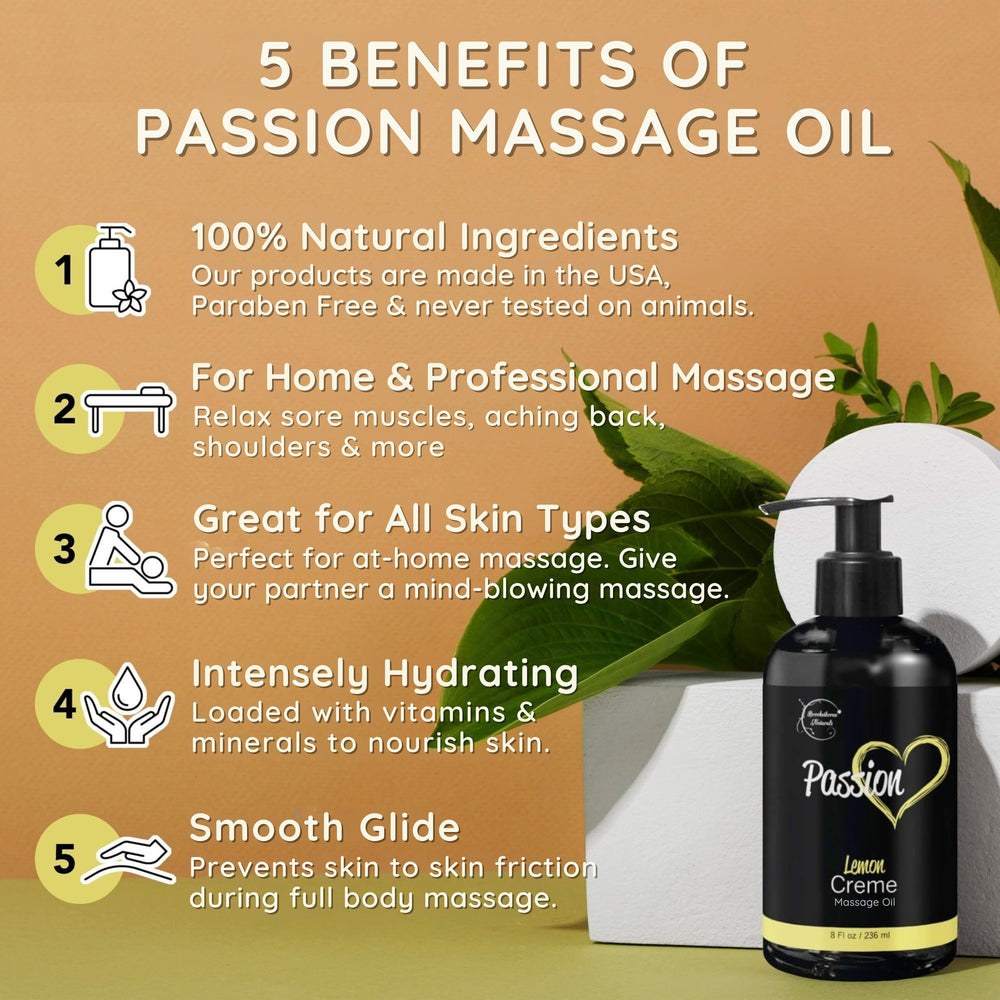 Close-up of Passion Massage Oil ingredients: jojoba, sweet almond, grapeseed oils