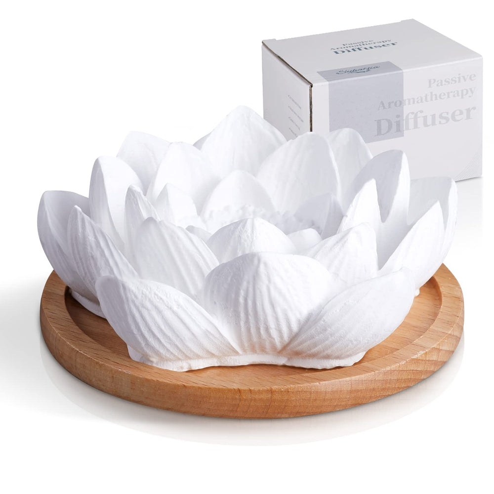 Passive Lotus diffuser – lotus-shaped ceramic diffuser with wood base