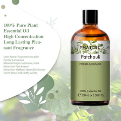 Back label of Patchouli essential oil bottle
