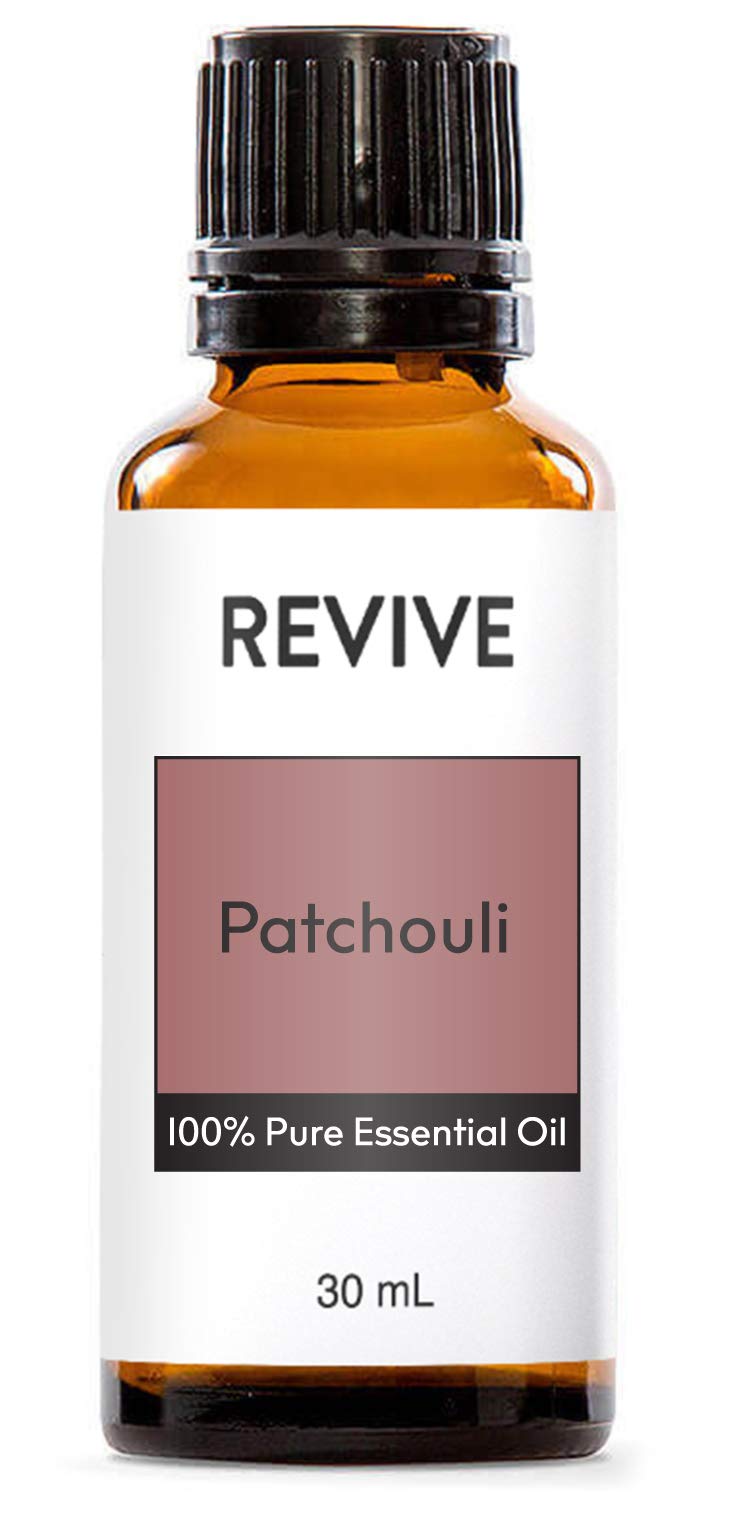 Close-up of patchouli essential oil bottle showing aroma