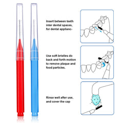 Interdental brush set showing blue and red brushes with nylon-coated wires