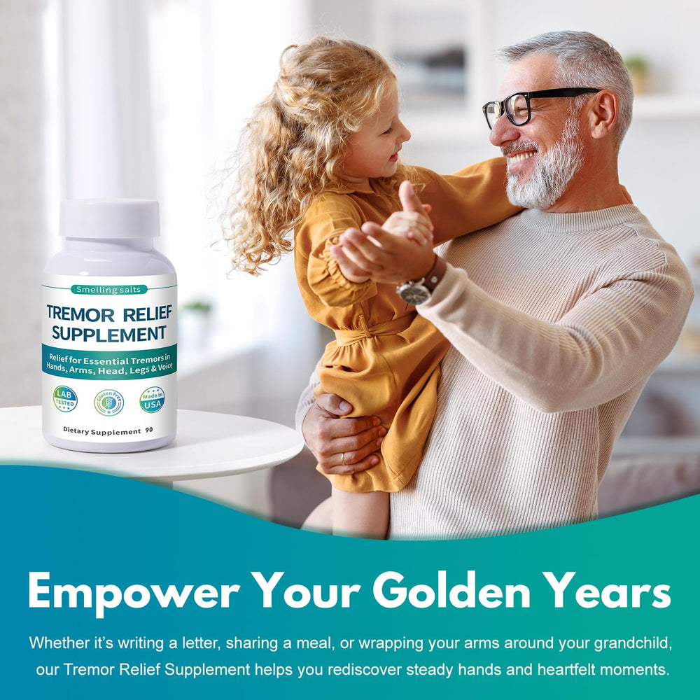 Person writing and eating with tremor relief supplement