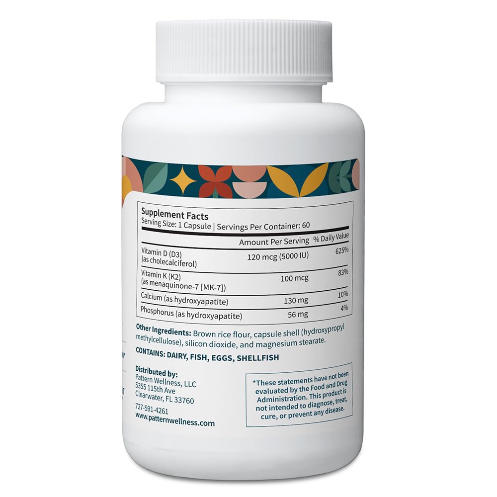 Pattern Wellness Vitamin K2 D3 label closeup highlights non-GMO, high-bioavailability MK-7.