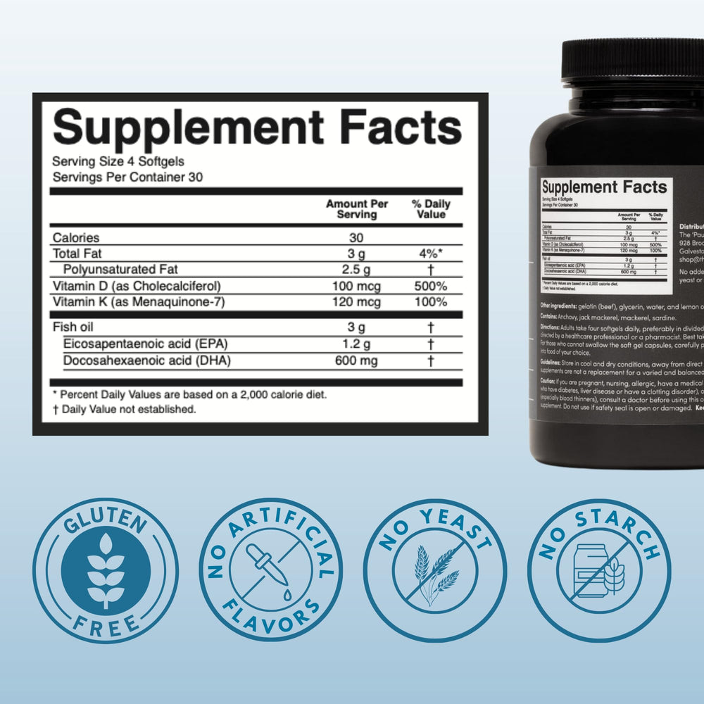 The Pause Life omega-3 bottle back label with D and K2 details for informed use.