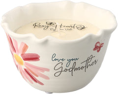 Pavilion Gift Company Love You Godmother candle front design features pink orange blooms and butterfly.
