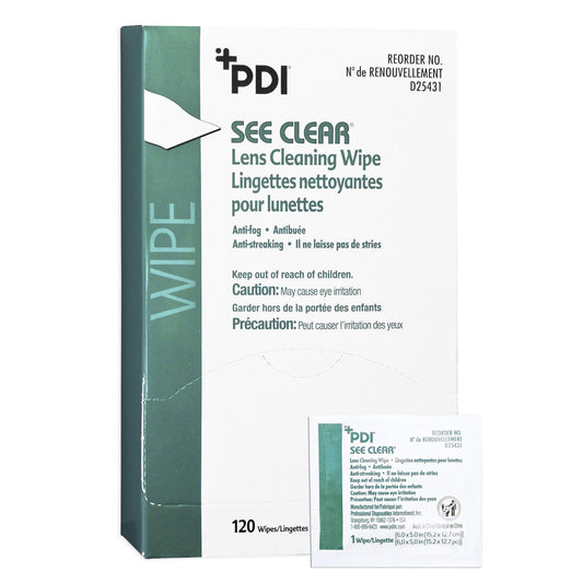 Box of PDI See Clear Lens Cleaning Wipes with 120 individually wrapped wipes (6 x 5 inches)