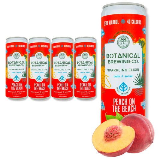 Front view of Peach on the Beach Kava Seltzer can against a sunny beach background