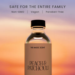 Close-up of Peach & Patchouli diffuser oil label