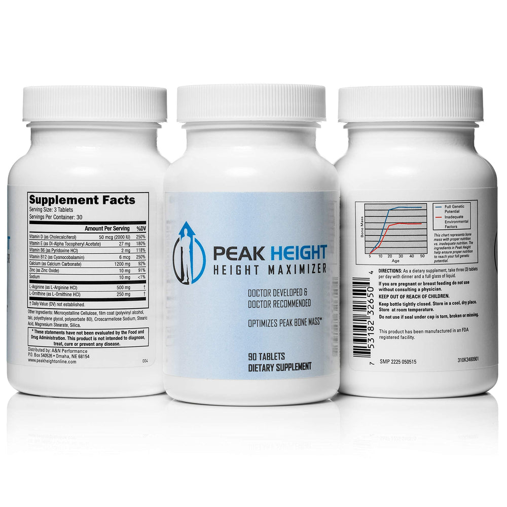 Peak Height six-bottle pack featuring 90 tablets per bottle