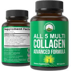 Peak Performance 5-collagen bottle displaying 90 capsules