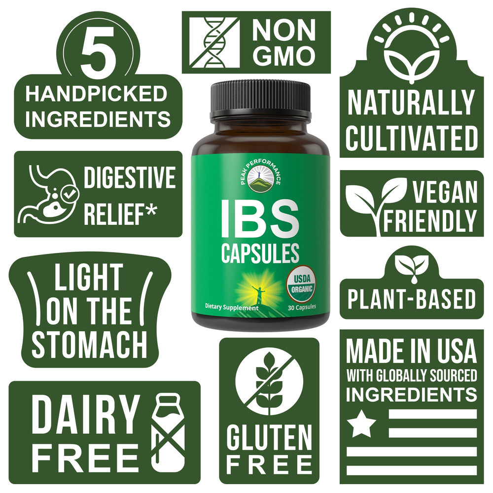 Pack shot of Peak Performance IBS capsules with five organic ingredients