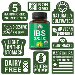 Pack shot of Peak Performance IBS capsules with five organic ingredients