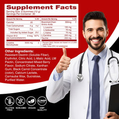 Ingredient panel showing Creatine Monohydrate, Taurine, BCAA 2:1:1, L-Carnitine and B vitamins